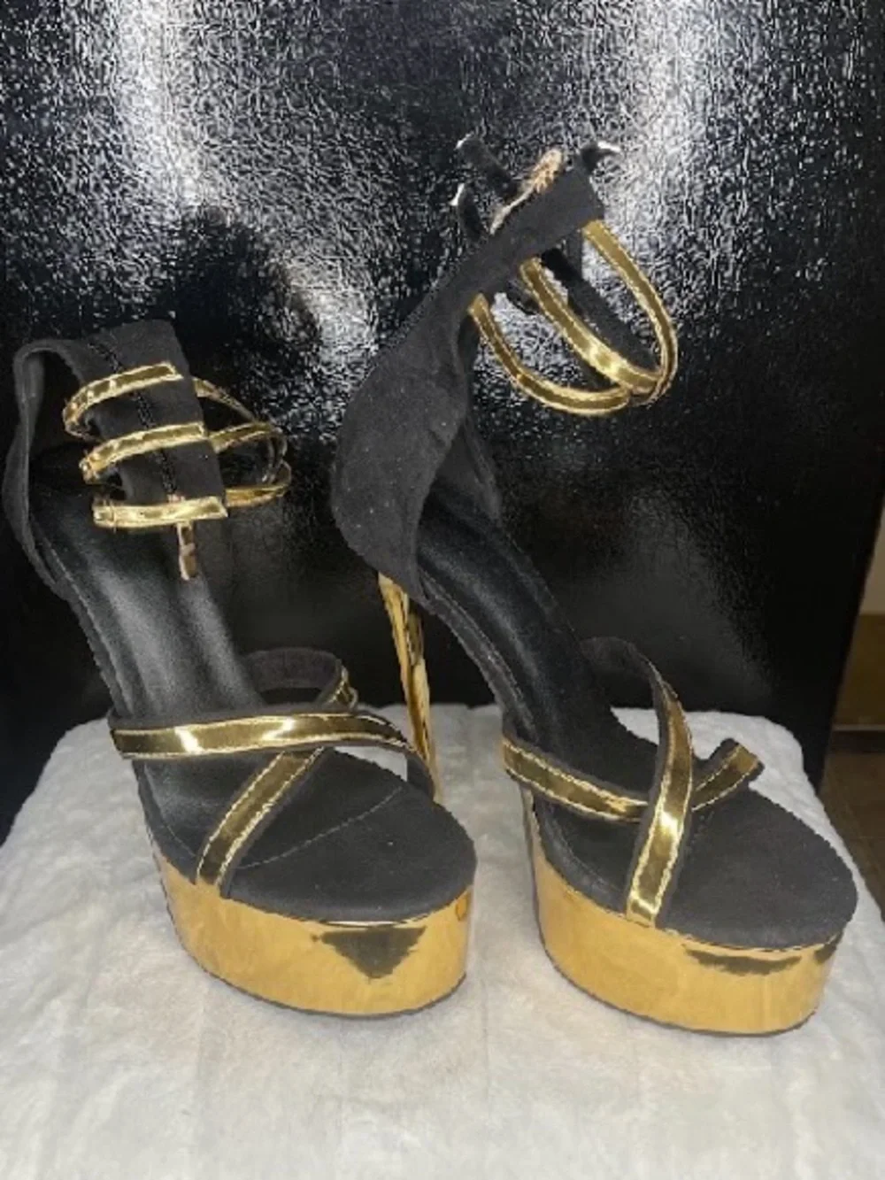 Black and Gold Platform Ankle-Strap Heels